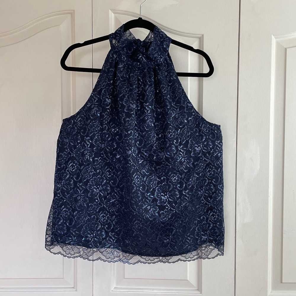 J Crew Tie-neck top in Metallic Lace